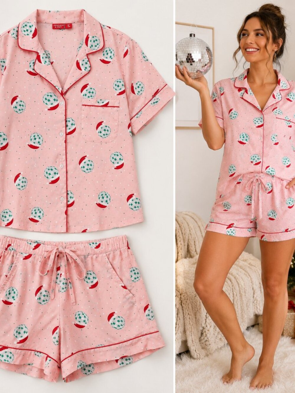 Disco Santa Pink Christmas Pajama Set Women's 2 Piece Holiday Sleepwear Size S